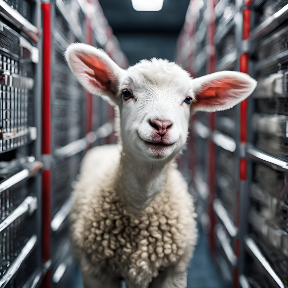 Lamb Smiling in Data Center