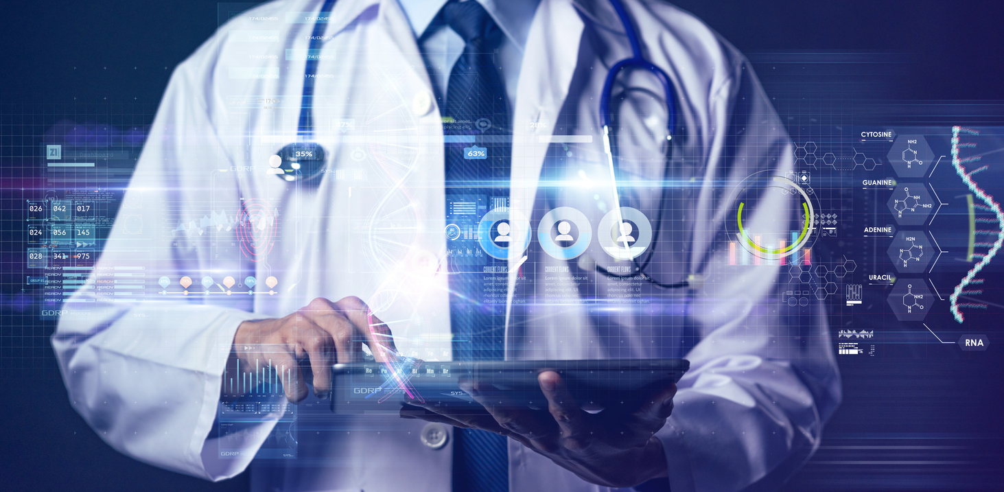 A doctor in a white coat holding a tablet, surrounded by digital health-related graphics and data visualizations.