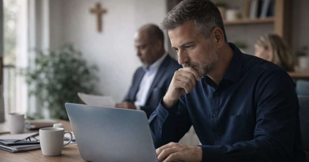 Nonprofit cybersecurity planning with an executive reviewing risk and data protection on a laptop in an office setting.