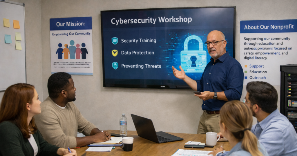 A group of five individuals in a meeting room listening to a presenter discussing a cybersecurity workshop. A screen displays topics like security training and data protection, emphasizing nonprofit cybersecurity efforts.