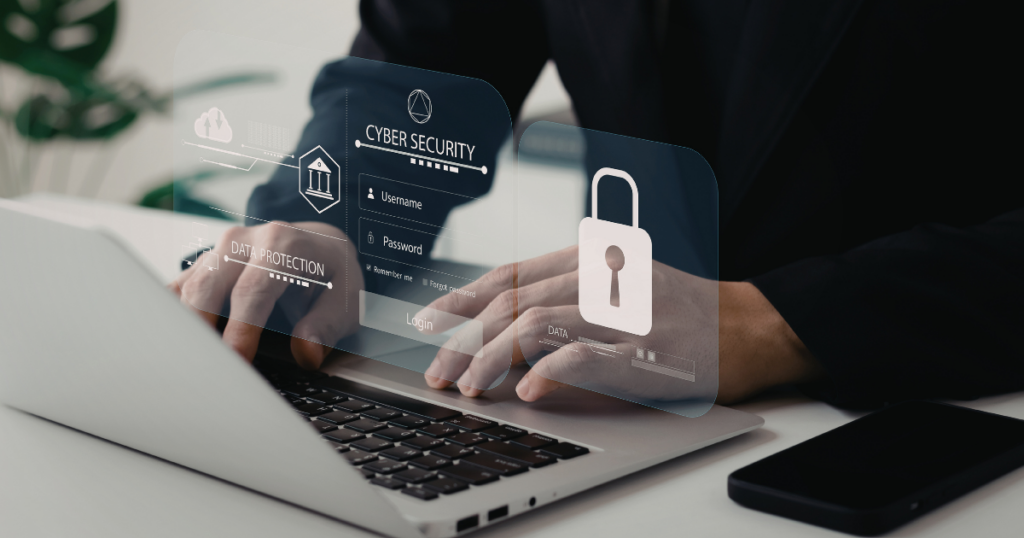A person typing on a laptop with a digital overlay displaying cybersecurity elements like data protection, username, password, and a lock icon, emphasizing the importance of nonprofit cybersecurity.