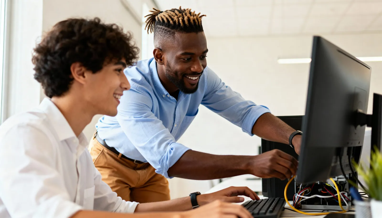 A young man working on a computer while another man assists him by connecting cables to the monitor. They are in a modern office environment with a neutral background.