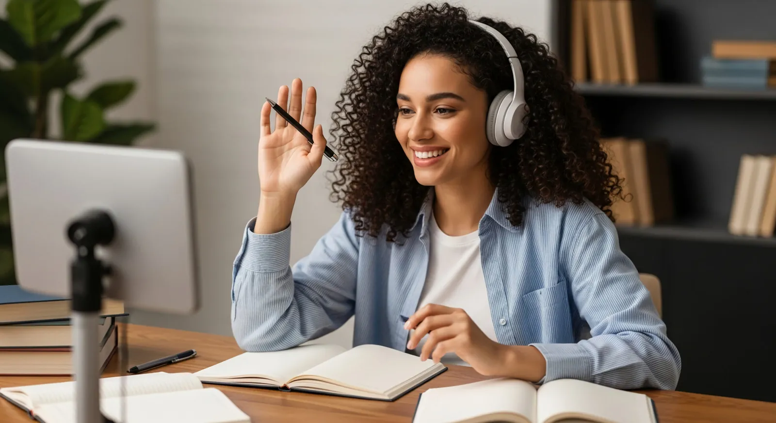 A young woman with curly hair wearing headphones is sitting at a wooden desk, smiling and waving at a laptop while holding a pen. Notebooks and books are visible in the background, suggesting an online learning environment.