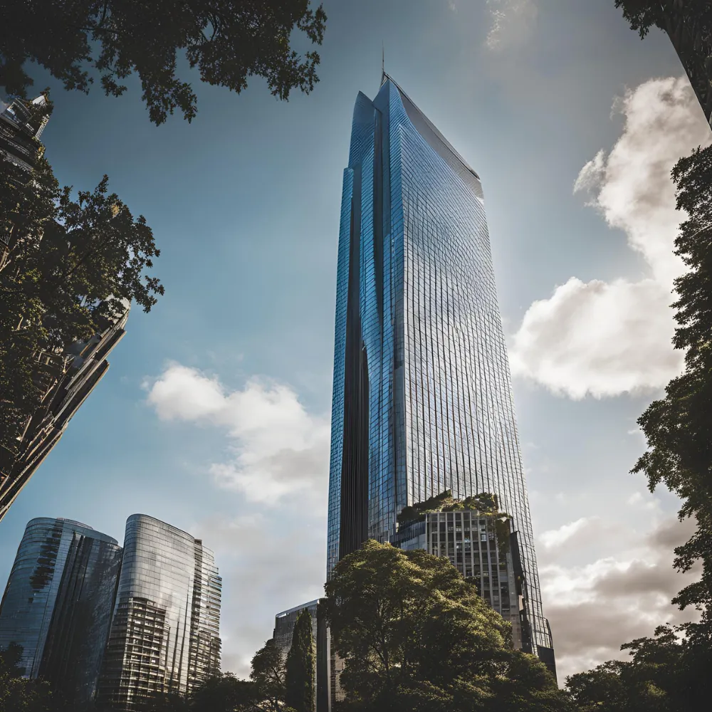 A tall, modern skyscraper with a glass facade, surrounded by trees and smaller buildings, under a partly cloudy sky. The perspective is from the ground looking upward at the tower.