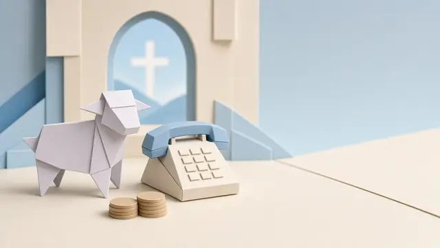 Origami paper lamb by a small chapel with a rotary phone and a stack of paper coins
