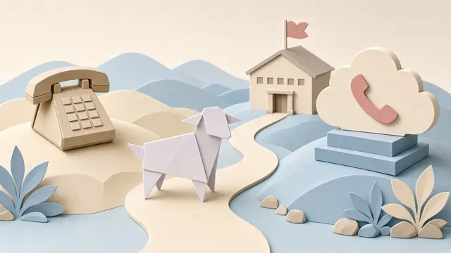 Origami paper lamb carrying a phone number tag across a bridge