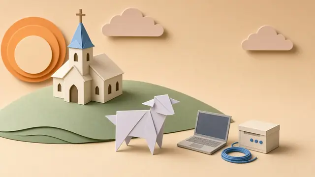 Origami paper lamb handing a toolbox to a collie beside a small church