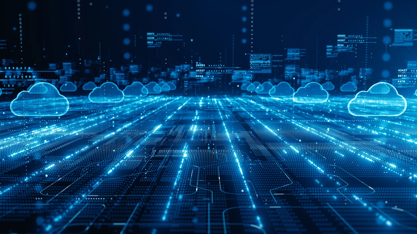 A digital landscape depicting illuminated blue grid lines and cloud icons, representing data flow and cloud computing technology against a dark background.