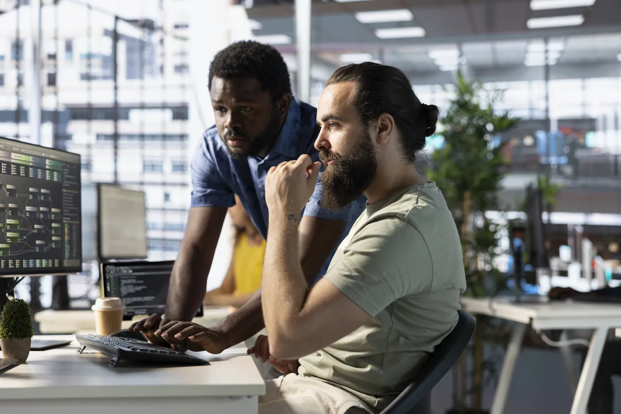 Two colleagues discussing a project in a modern office. One is seated at a desk, focused on a computer screen, while the other stands beside him, pointing at the monitor. Natural light filters through large windows.