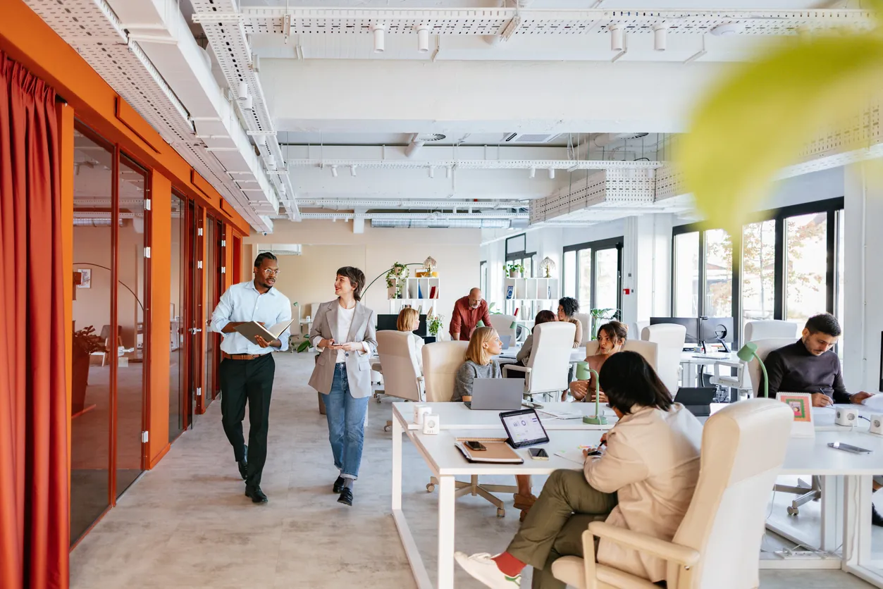 Two colleagues walking and discussing in a modern office with open workspaces and people engaged in various tasks. The space includes large windows, plants, and a contemporary design.