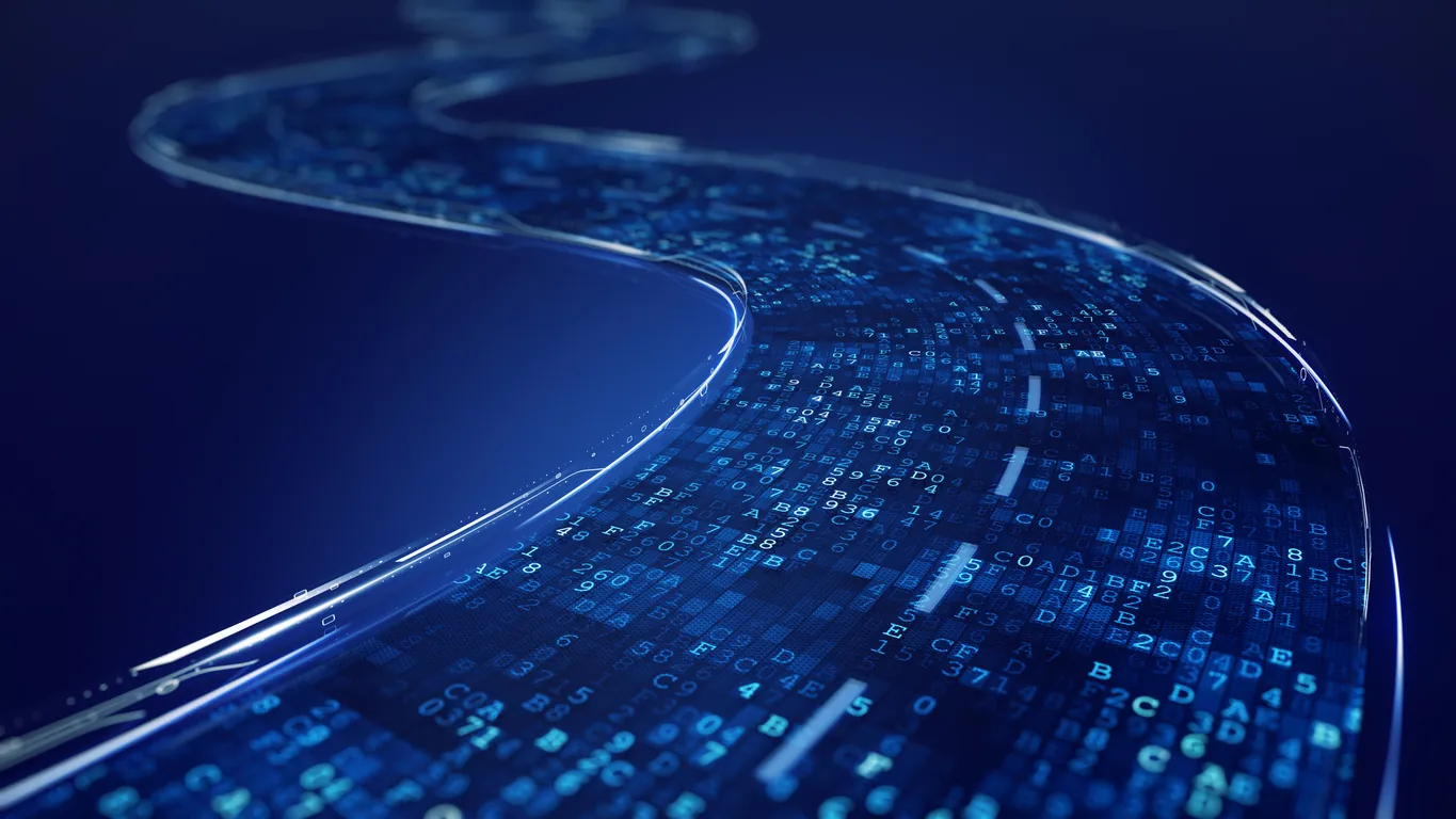 A digital pathway composed of flowing binary code, illuminated against a dark blue background, representing data movement in a technological context.
