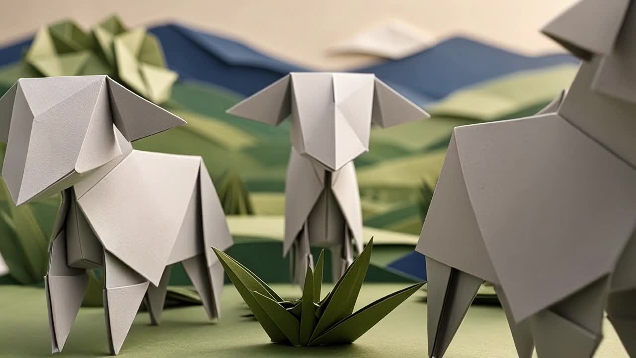 A flock of folded paper lambs gathered close on a paper hillside