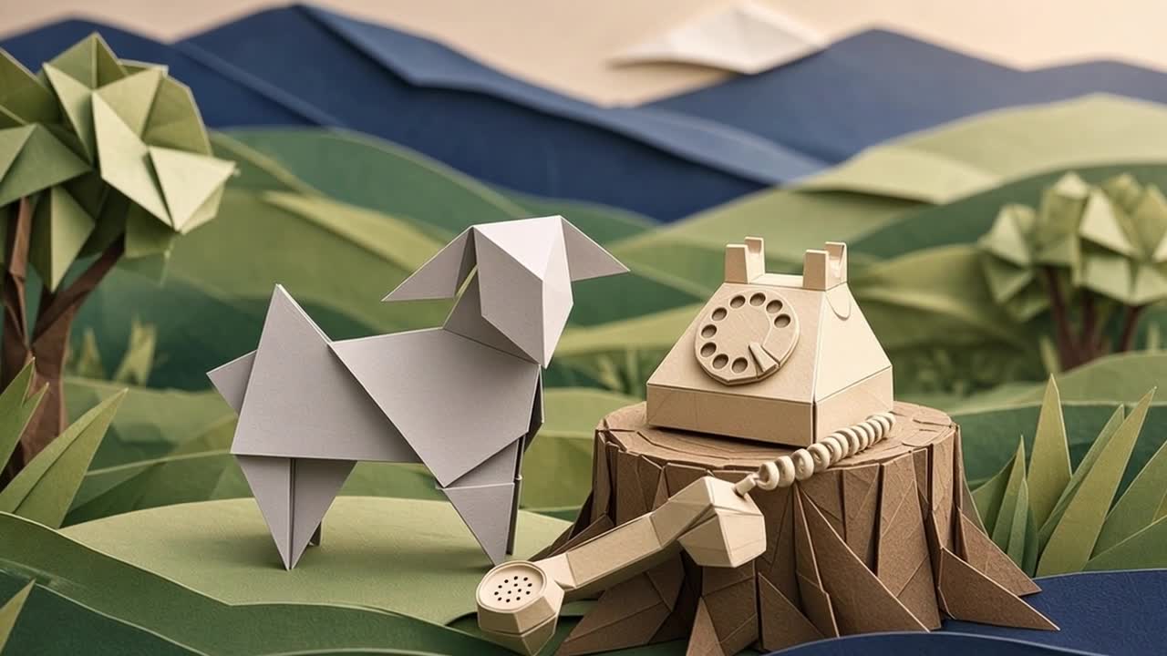 A paper lamb beside an old rotary phone folded from paper