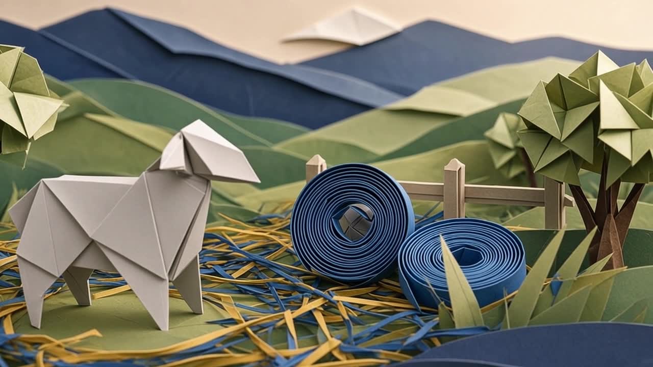A folded paper lamb beside neatly coiled paper network cables