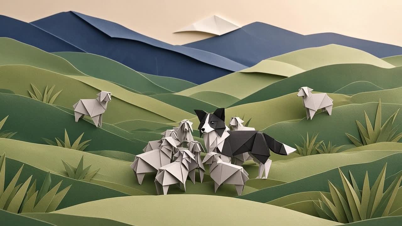 A paper border collie gathering paper lambs in a meadow