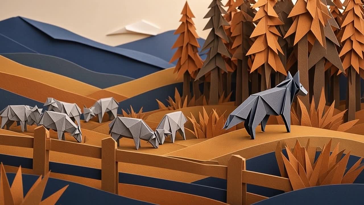 A paper wolf walking among grazing paper lambs at dusk