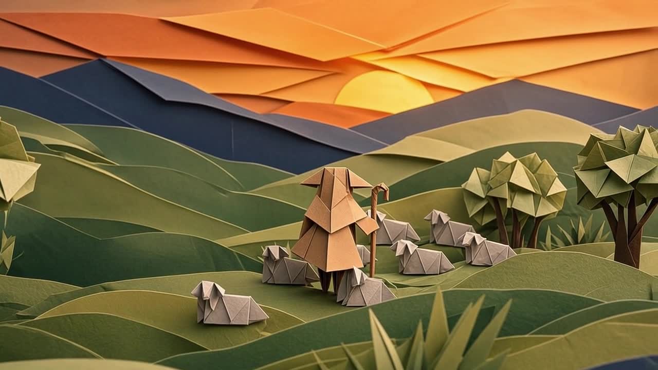 A paper shepherd with his flock under a cut-paper sunset