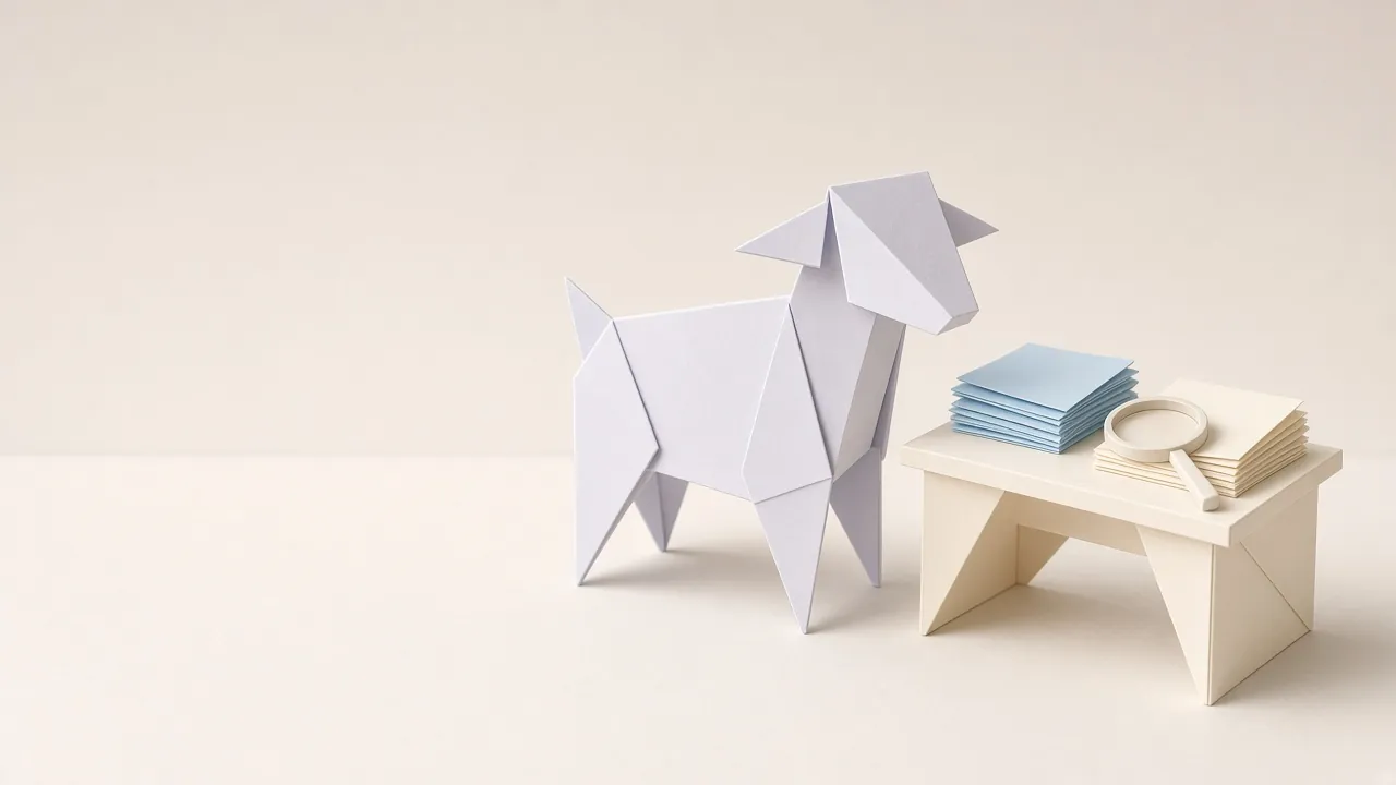 Origami paper lamb reviewing contracts beside a file box of folders