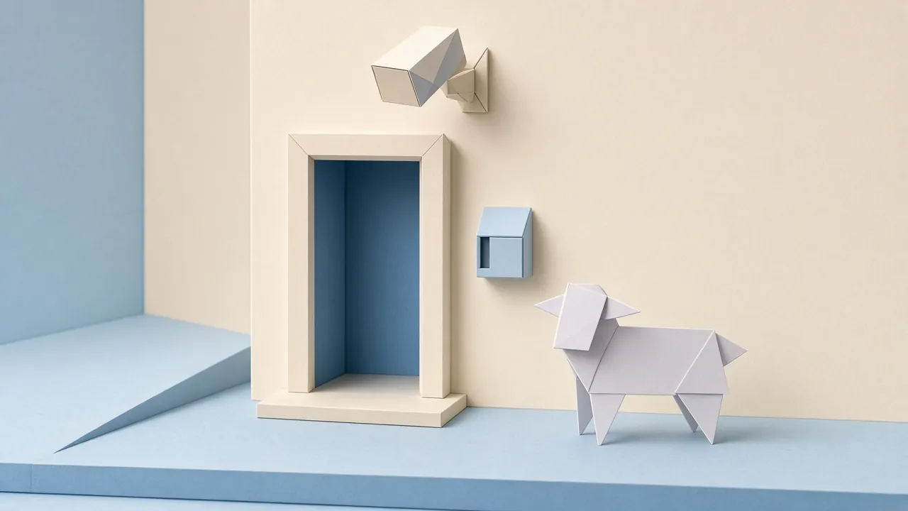 Origami paper lamb at a gate with a security camera and keypad