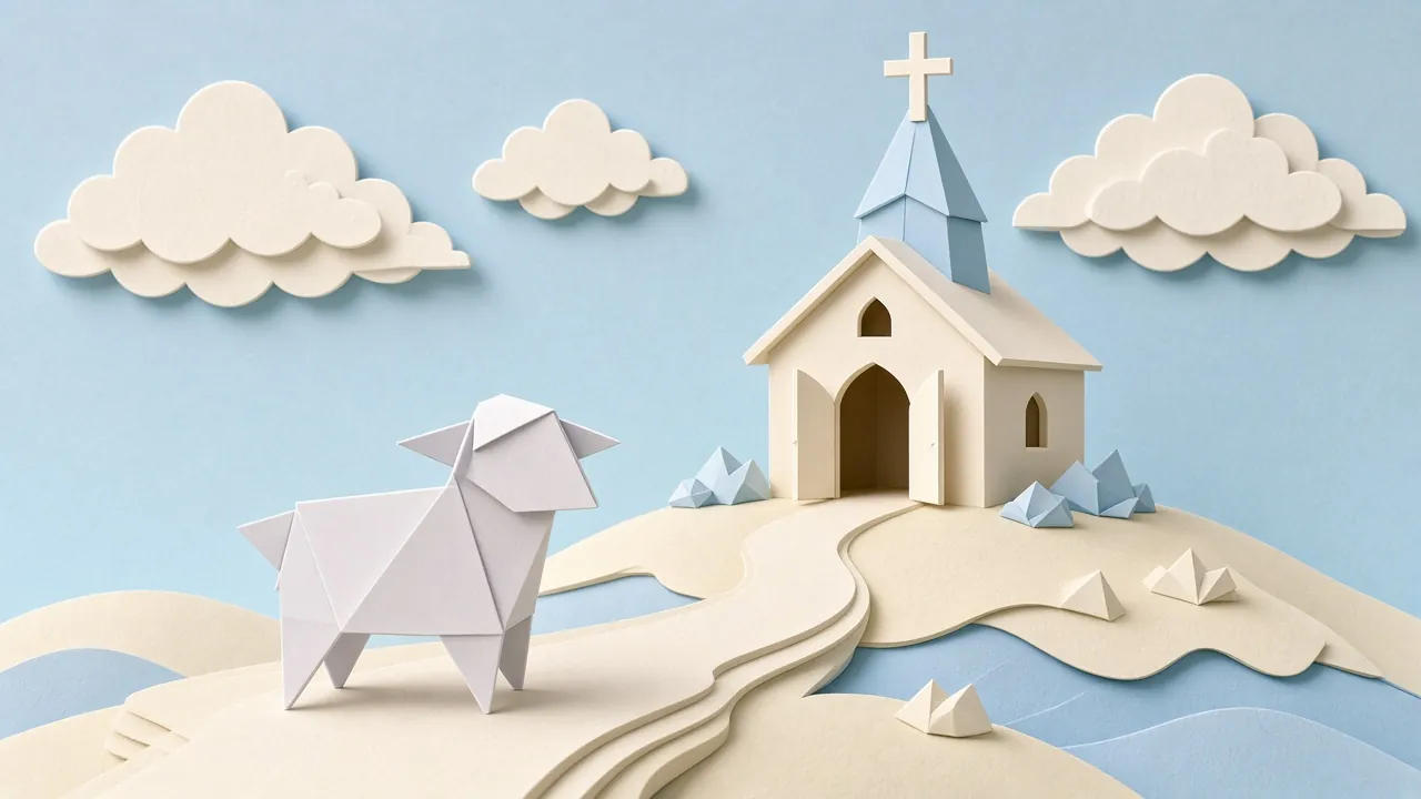 Origami paper lamb on a winding paper path leading to a white chapel with a blue steeple