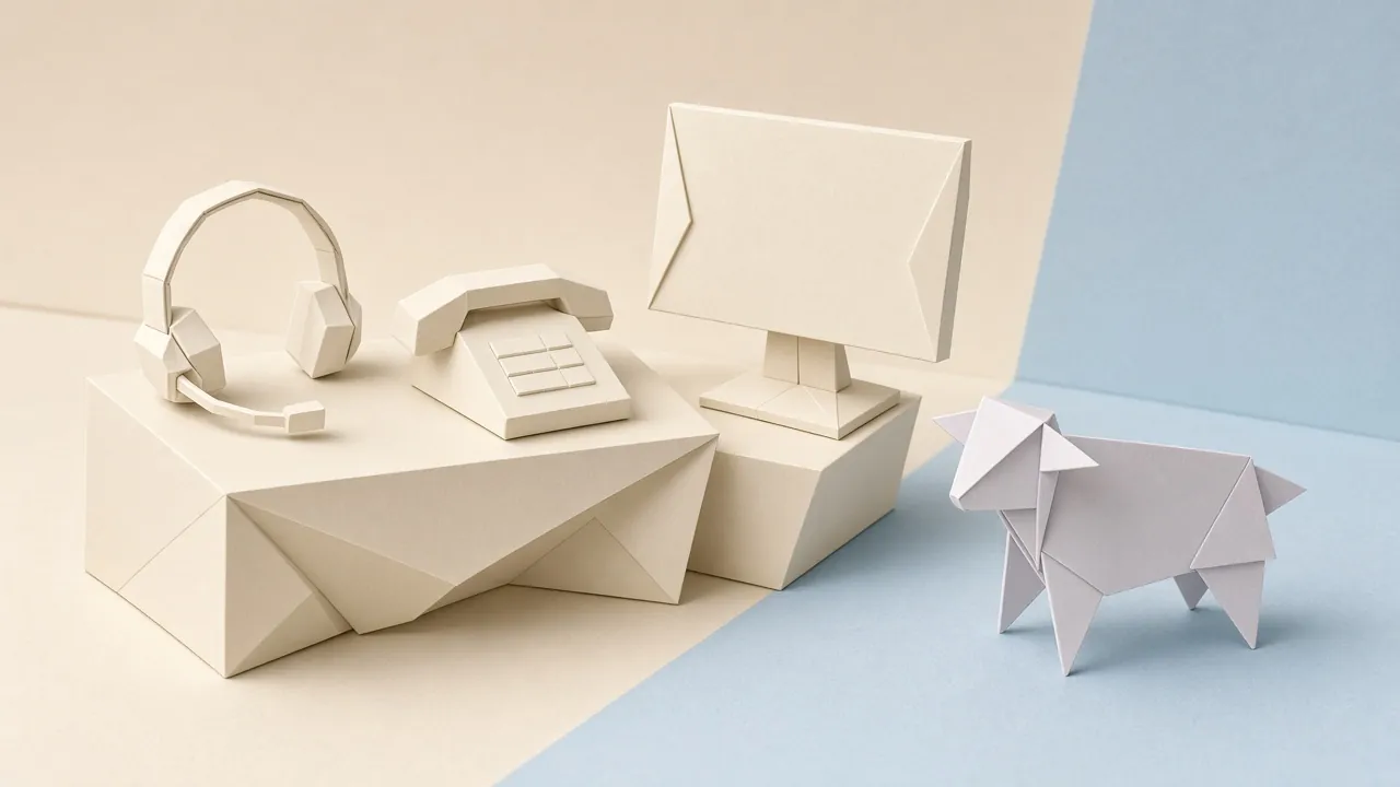 Origami paper lamb wearing a headset at a desk with a laptop
