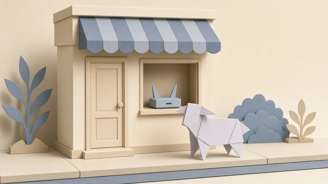Origami paper lamb outside a small business storefront with a striped awning